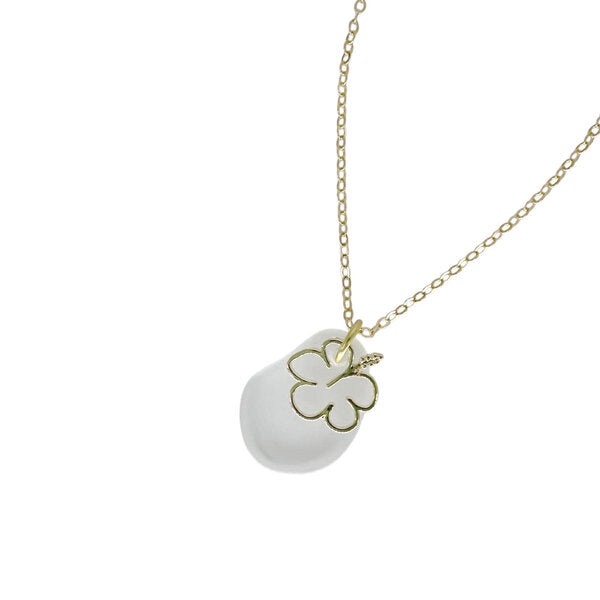 Gold (14K) Plated Copper Necklace with Clear Sea Glass Pendant and Hibiscus Charm