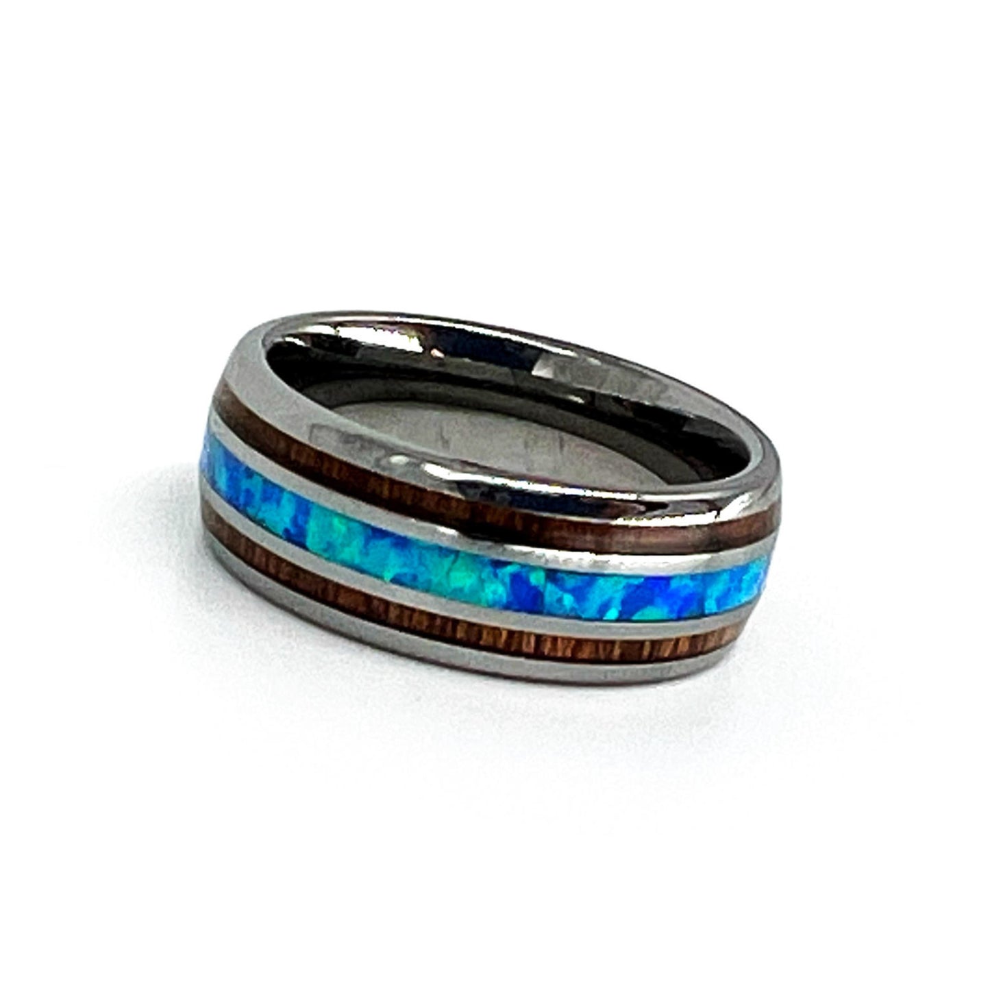 C-Men's 8mm Tungsten Ring with Hawaiian Koa Wood and Synthetic Opal