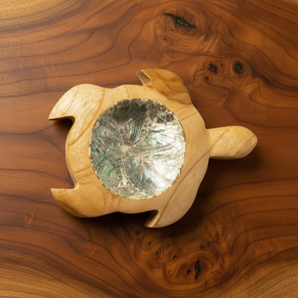 C-Hand Made 7 Eye Shell White and Teak Wood Turtle Dish