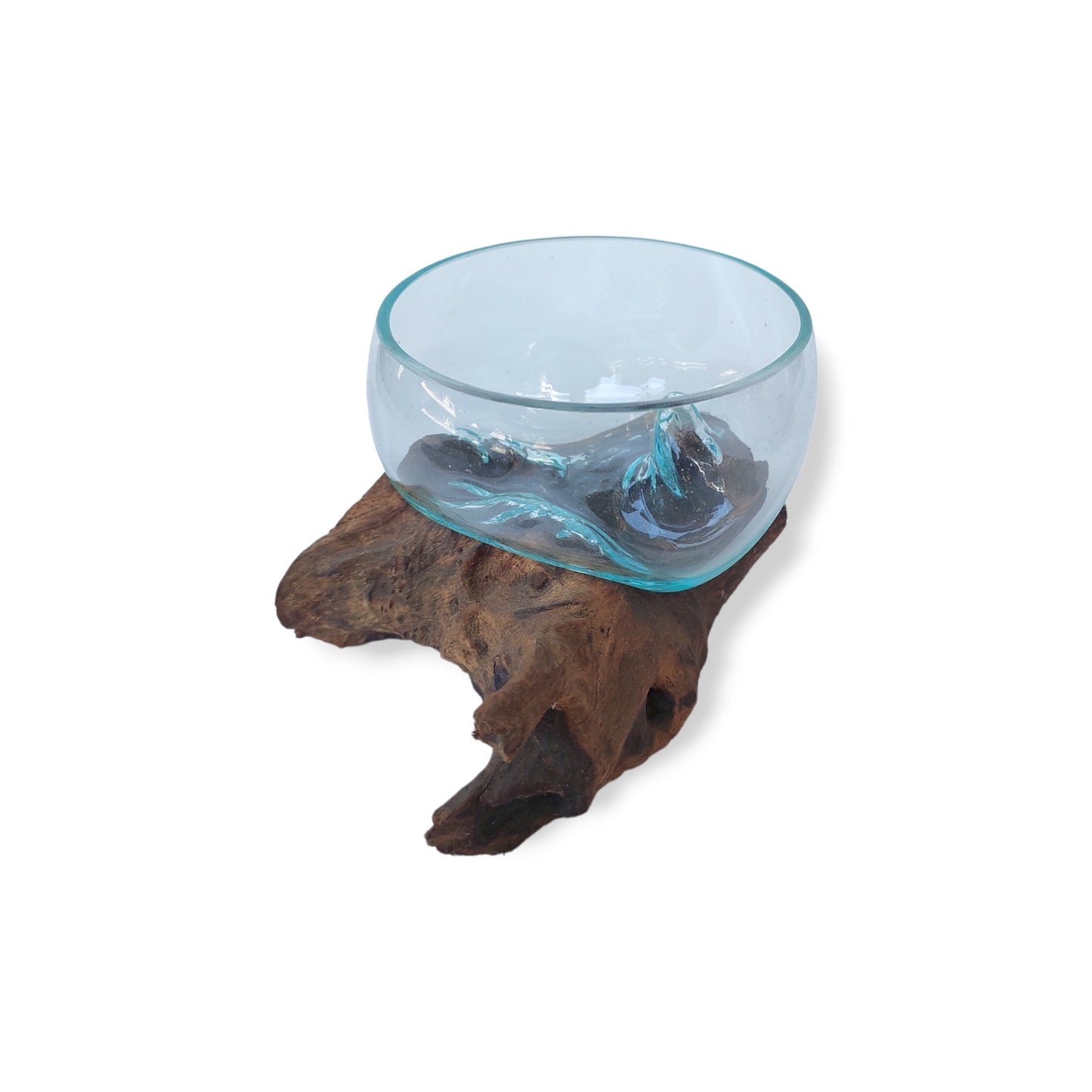 Hand Blown Recycled Glass Bowl on Wood Base (15cm Wide)