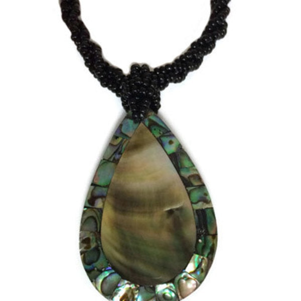 Shell Necklace Teardrop Gold Shell Paua Rim with Black Beads