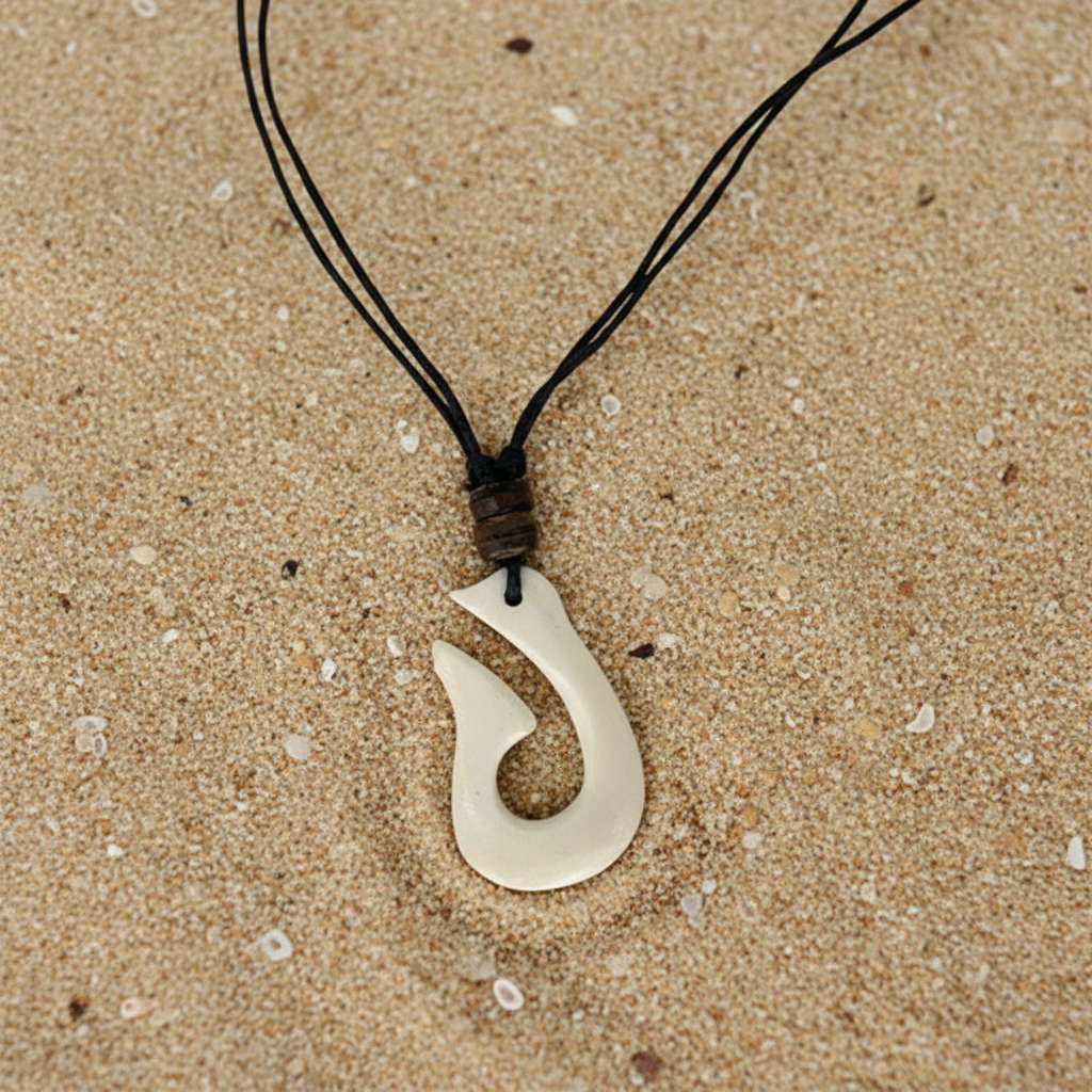 Fish Hook Carved Bone Adjustable Cord Necklace