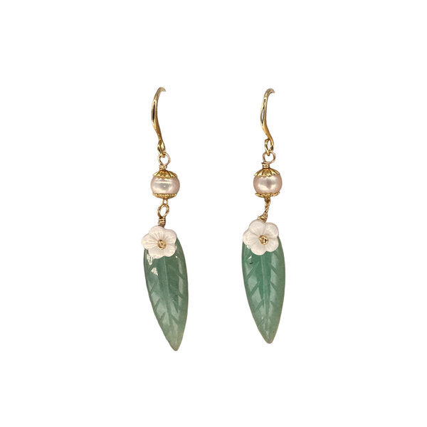 Earrings, Jade, Copper & Pear Dangle Leaf