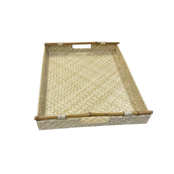 Hand Woven Lauhala Tray With Bamboo Handles