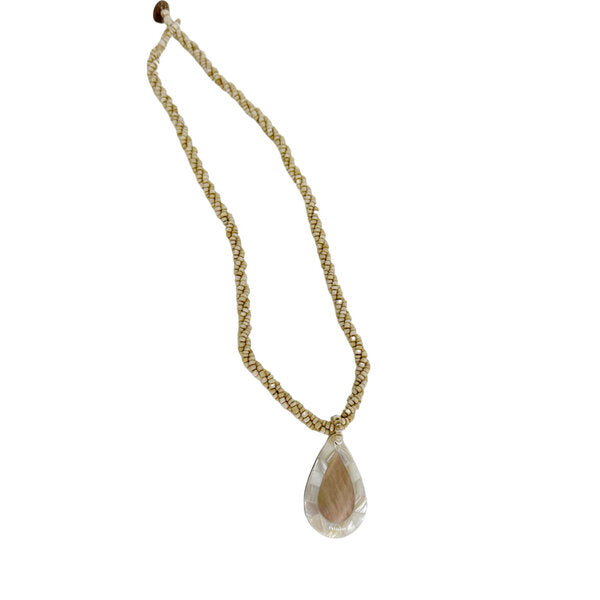 Petite Shell Necklace Gold Shell Raindrop on Tan Beads