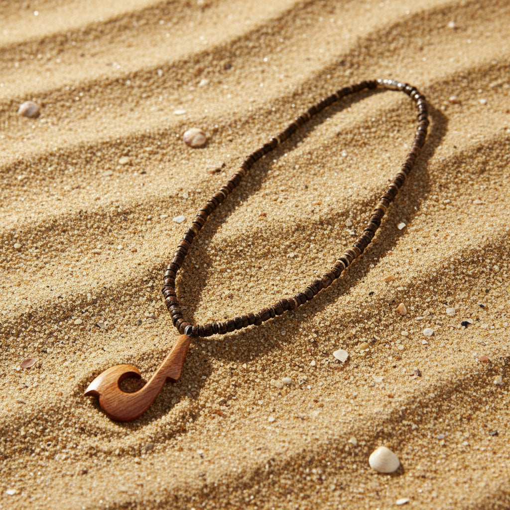 Fish Hook Wood on 18" Coconut Bead Necklace