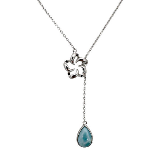 Sterling Silver (18") Flower Necklace with Larimar Drop