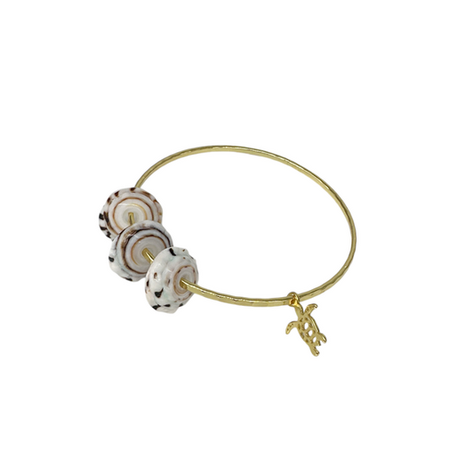 Gold (15k) Plated Bangle with Puka Shells and Turtle Charm