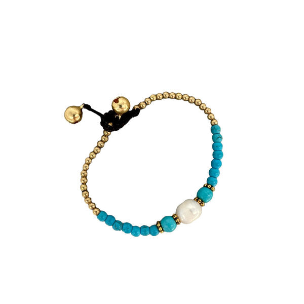 Pearl, Turquoise Gemstone and Brass Bead Bracelet