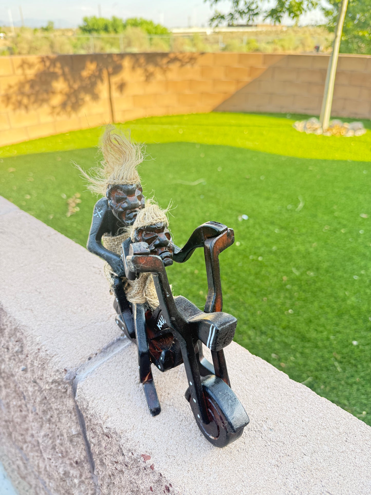 Hand Carved Burlap Hair Double Motorcycle