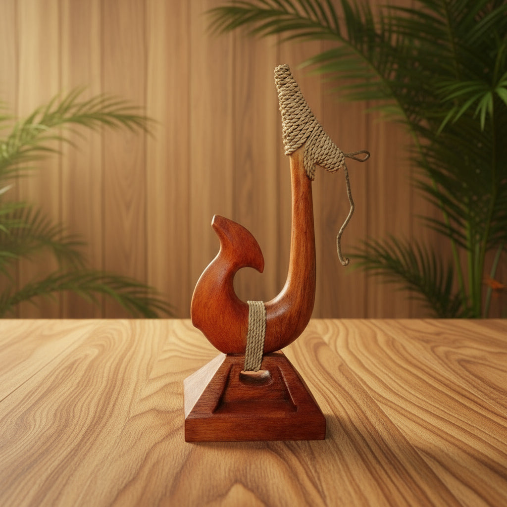 D-Hand Carved Makau Fish Hook on base