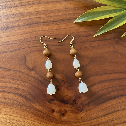 C-Sandalwood & MOP Pikake Dangle Earrings