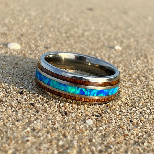 C-Men's 8mm Tungsten Ring with Hawaiian Koa Wood and Synthetic Opal