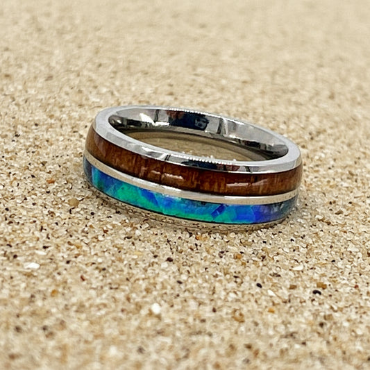 C-Men's 8mm Stainless Steel Ring with Paua Shell and Hawaiian Koa Wood