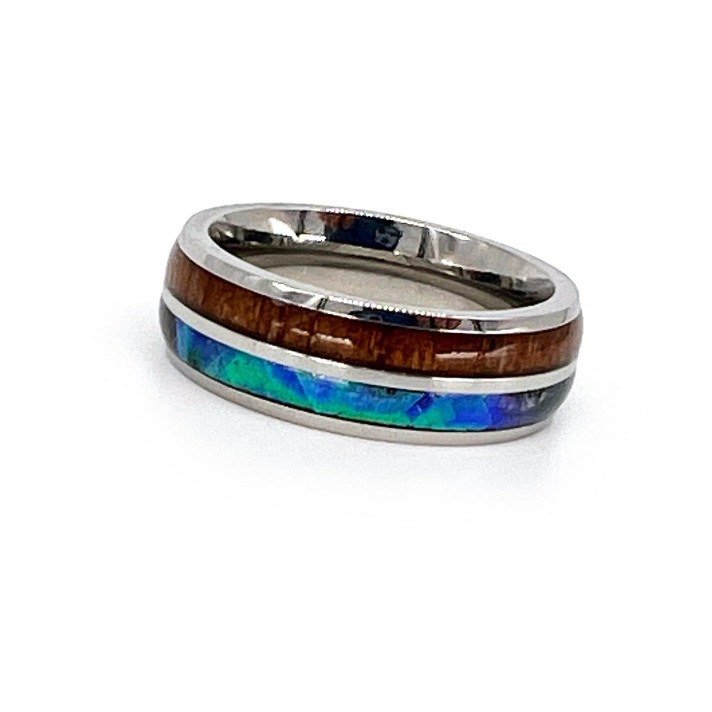 C-Men's 8mm Stainless Steel Ring with Paua Shell and Hawaiian Koa Wood