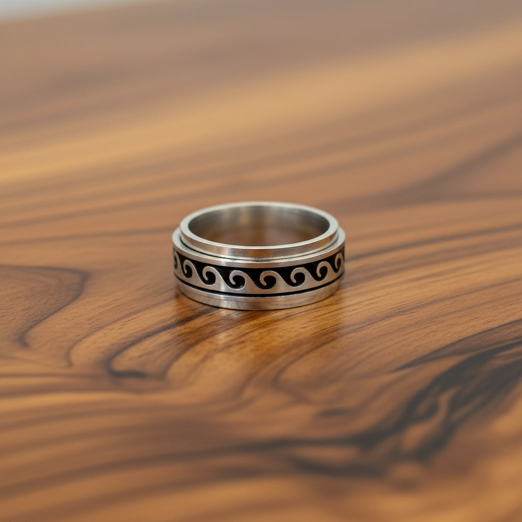 C-Men's 8mm Stainless Steel Spinner Wave Ring