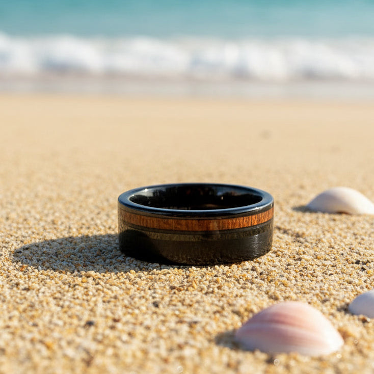 C-Men's 8mm Black Tungsten Ring with Hawaiian Koa Wood