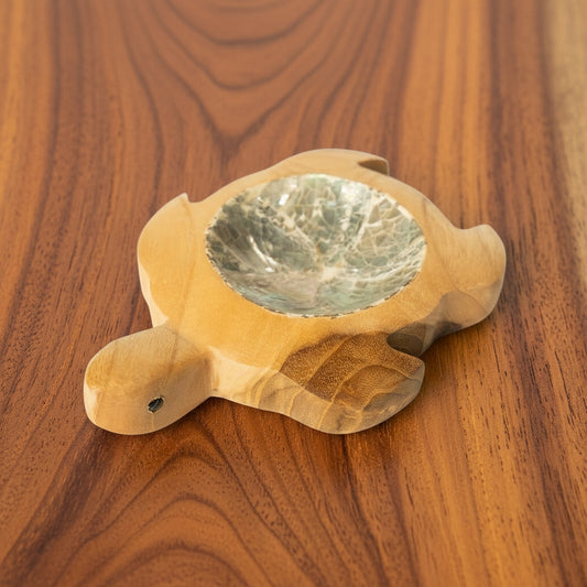 C-Hand Made 7 Eye Shell White and Teak Wood Turtle Dish