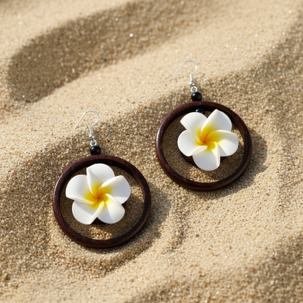 C-Plumeria Wood Dangle Earrings