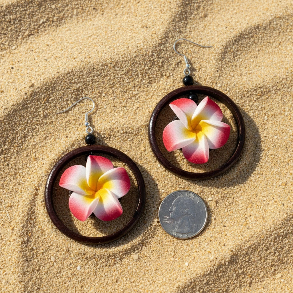 C-Plumeria Wood Dangle Earrings