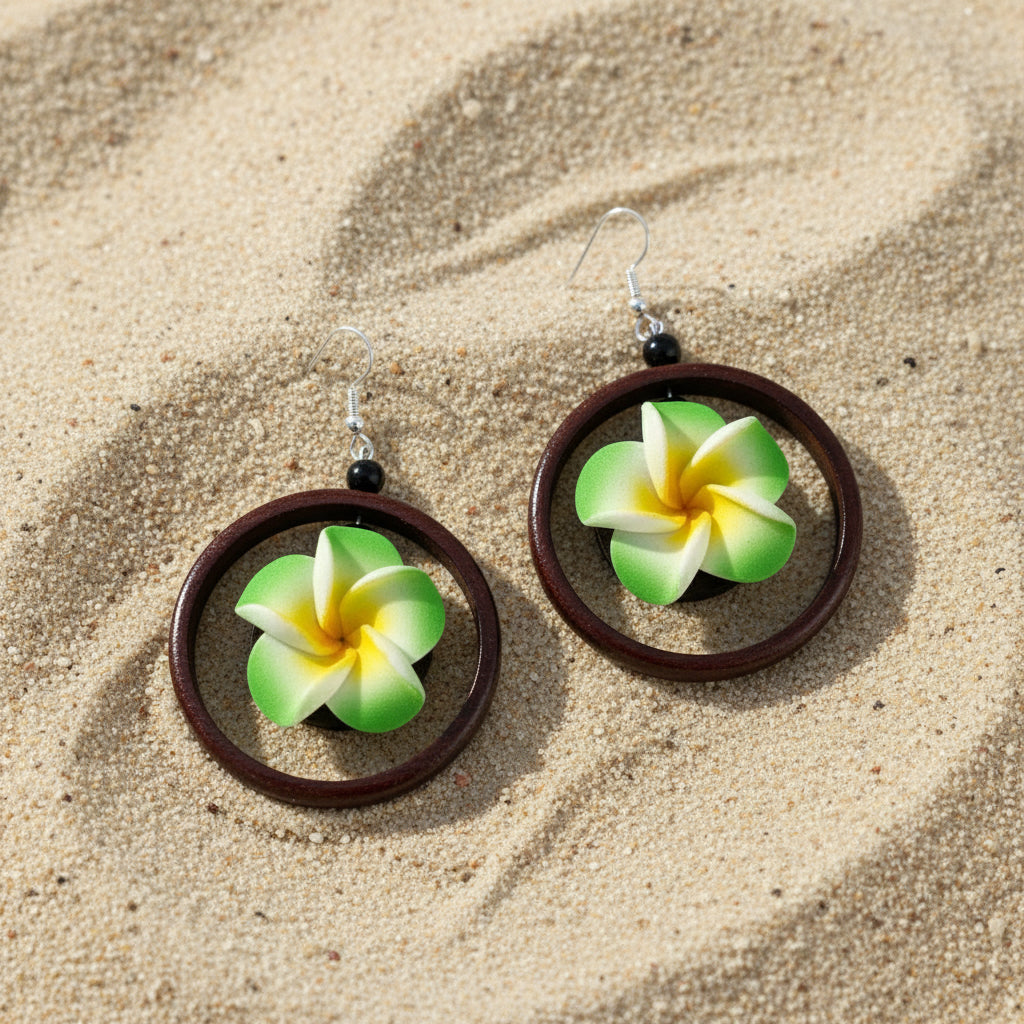 C-Plumeria Wood Dangle Earrings
