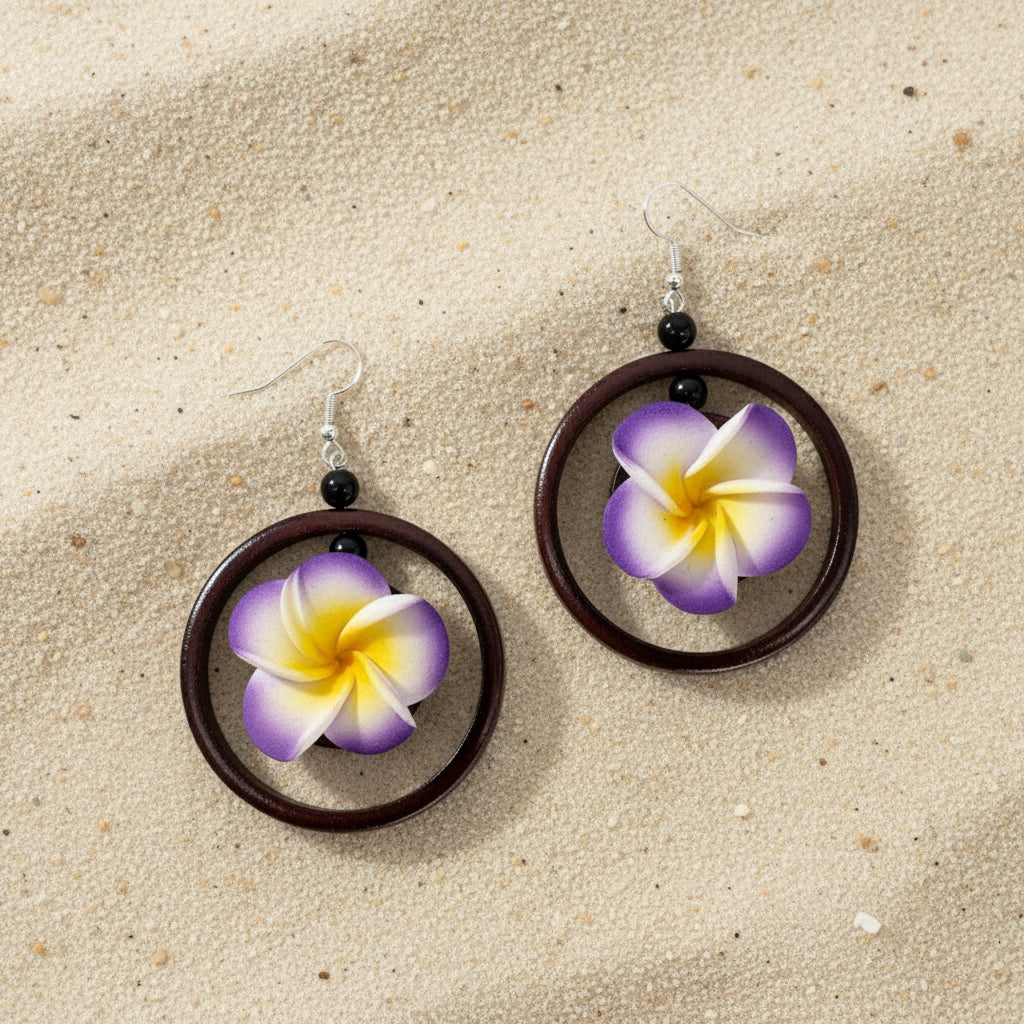 C-Plumeria Wood Dangle Earrings