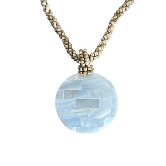 Shell Necklace Mother of Pearl Mosaic Disc with Tan Beads