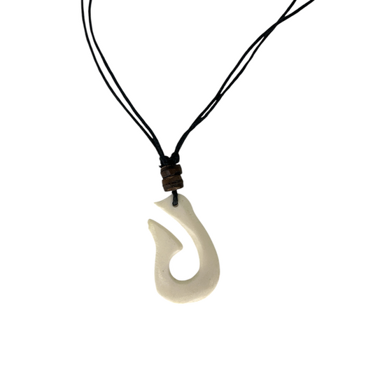 Fish Hook Carved Bone Adjustable Cord Necklace