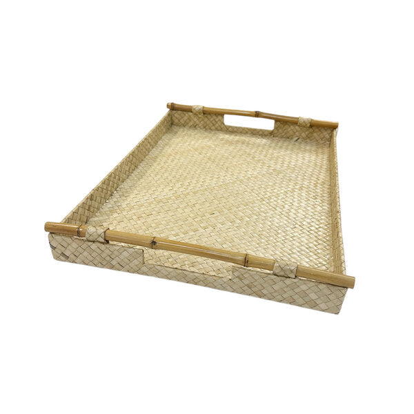 Hand Woven Lauhala Tray With Bamboo Handles