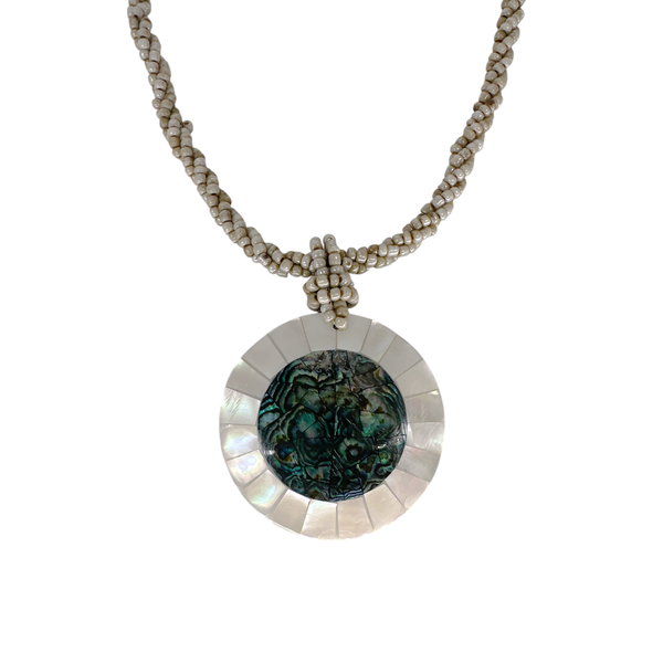 Shell Necklace Paua Shell Disc Mother of Pearl Rim with Taupe Beads