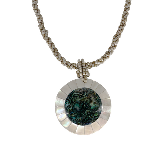 Shell Necklace Paua Shell Disc Mother of Pearl Rim with Taupe Beads