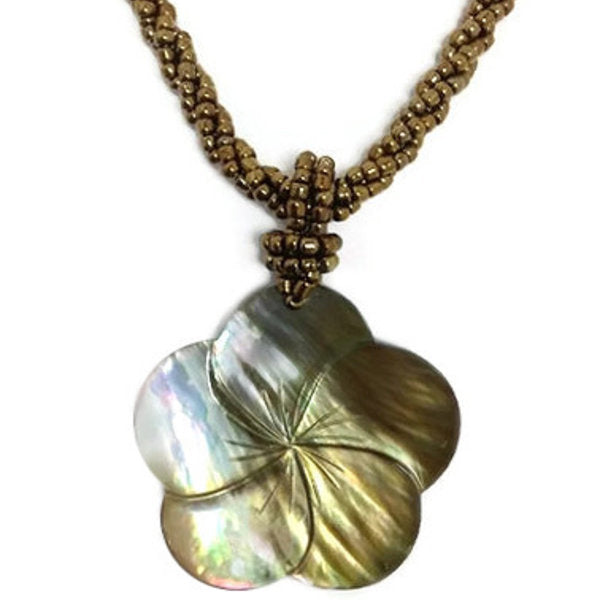 Shell Necklace Carved Gold Plumeria with Gold Beads