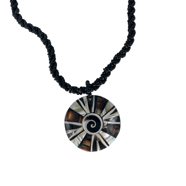 Petite Shell Necklace Swirl Center Mixed Shell with Black Beads