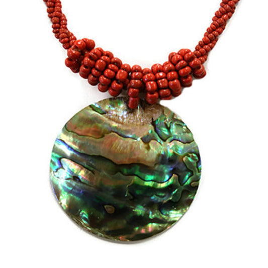 Shell Necklace Paua Disc with Red Beads